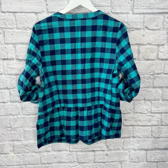 Vineyard Vines Blue Plaid Button Down Flannel Shirt Size 12 Peplum Hem Roll Tab - Picture 7 of 7